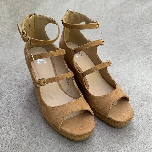 Journee Collection Skyla Tan Microsuede Strappy Peep Toe Demi Wedges - Picture 5 of 15